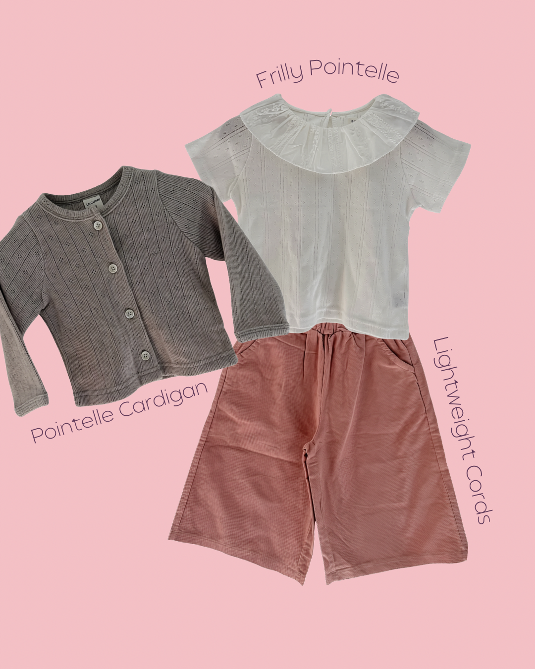 LOOK 02: Frilly Pointelle, Pointelle Cardigan, Lightweight Cords